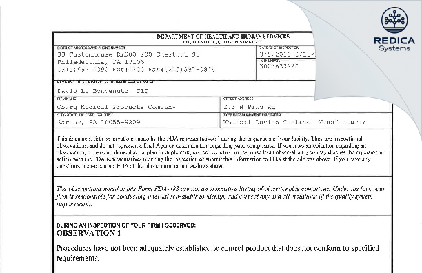 FDA 483 - Oberg Medical Products Company [Sarver / United States of America] - Download PDF - Redica Systems