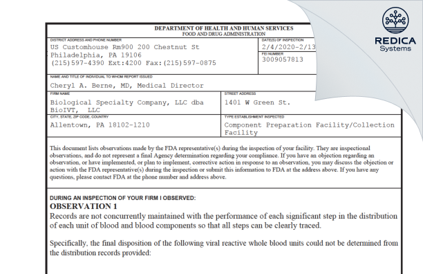 FDA 483 - Biological Specialty Company, LLC dba BioIVT, LLC [Allentown / United States of America] - Download PDF - Redica Systems