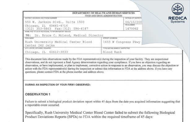 FDA 483 - Rush University Medical Center Blood Center 262 Jelke [Chicago / United States of America] - Download PDF - Redica Systems