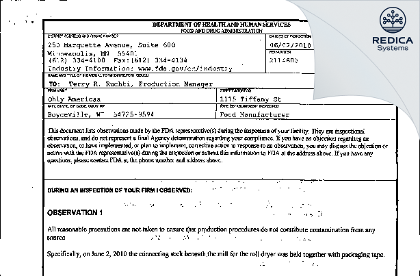 FDA 483 - AB Mauri Food, Inc [Boyceville / United States of America] - Download PDF - Redica Systems
