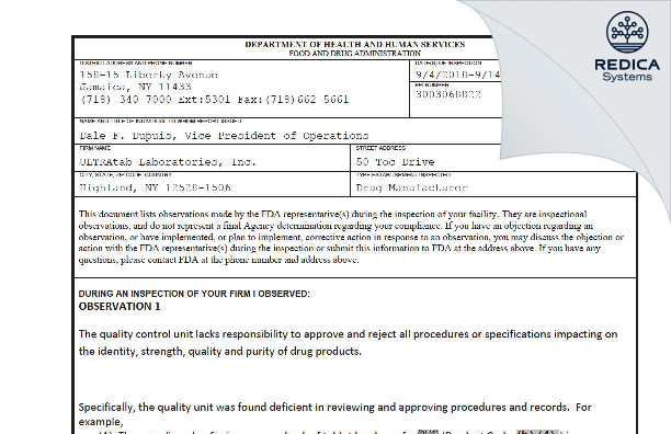 FDA 483 - ULTRAtab Laboratories, Inc. [Highland / United States of America] - Download PDF - Redica Systems