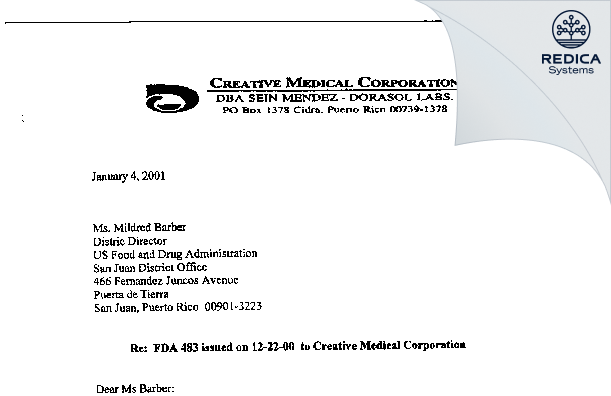 FDA 483 Response - Creative Medical Corp. [Cidra / United States of America] - Download PDF - Redica Systems