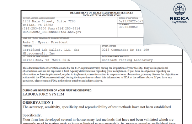 FDA 483 - Microconsult, Inc. [Carrollton / United States of America] - Download PDF - Redica Systems