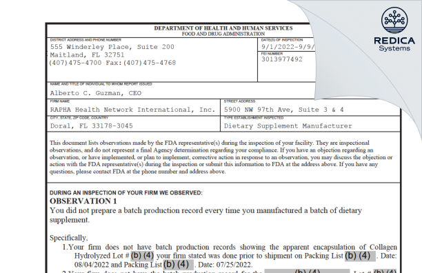 FDA 483 - RAPHA HEALTH NETWORK INTERNATIONAL INC [Florida / United States of America] - Download PDF - Redica Systems