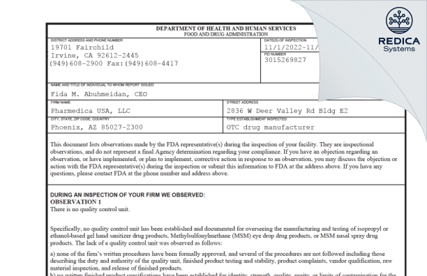 FDA 483 - Pharmedica USA, LLC [Phoenix / United States of America] - Download PDF - Redica Systems