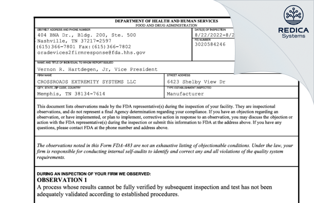 FDA 483 - CROSSROADS EXTREMITY SYSTEMS LLC [Memphis / United States of America] - Download PDF - Redica Systems