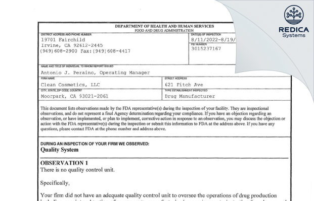FDA 483 - Clean Cosmetics, LLC [Moorpark / United States of America] - Download PDF - Redica Systems