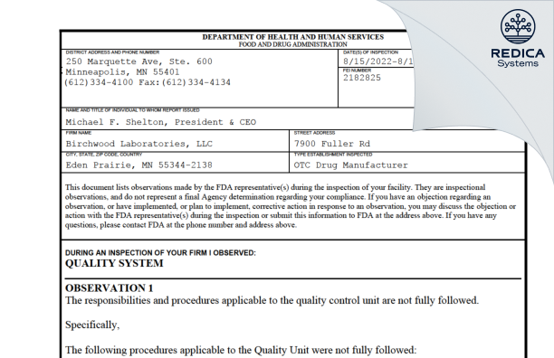 FDA 483 - Birchwood Laboratories LLC [Eden Prairie / United States of America] - Download PDF - Redica Systems