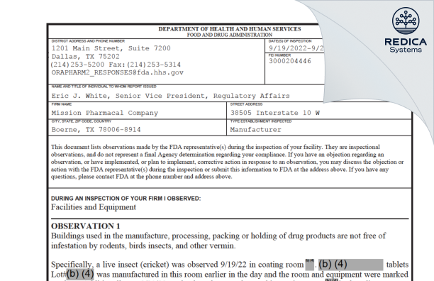 FDA 483 - Mission Pharmacal Company [Boerne / United States of America] - Download PDF - Redica Systems