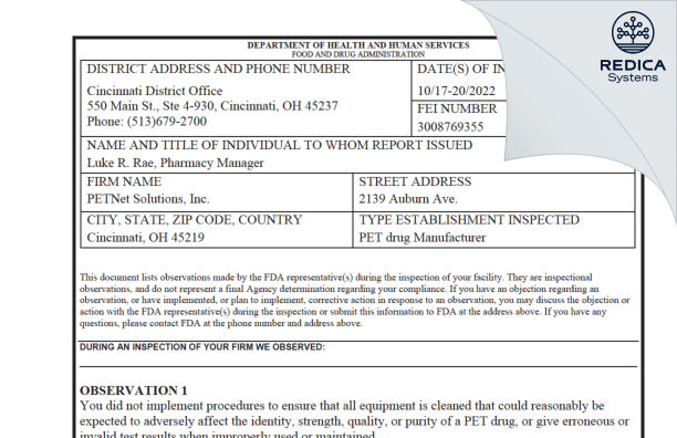 FDA 483 - PETNET SOLUTIONS, INC. [Cincinnati / United States of America] - Download PDF - Redica Systems