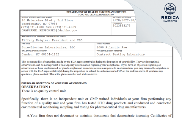 FDA 483 - Sure-Biochem Laboratories, LLC [Camden / United States of America] - Download PDF - Redica Systems