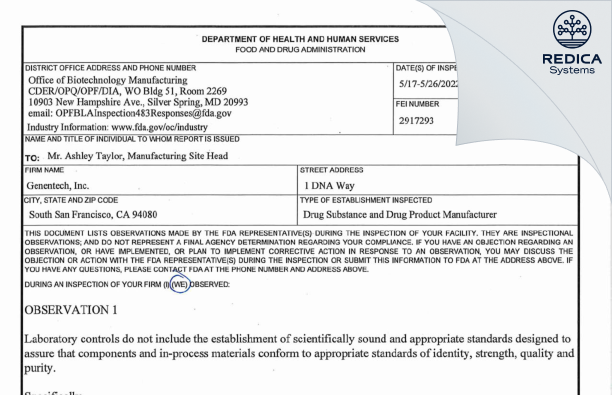 FDA 483 - Genentech, Inc. [South San Francisco / United States of America] - Download PDF - Redica Systems