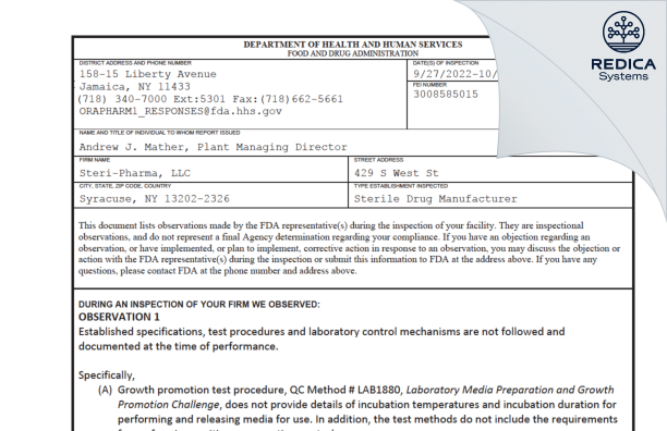FDA 483 - Steri-Pharma, LLC [York / United States of America] - Download PDF - Redica Systems