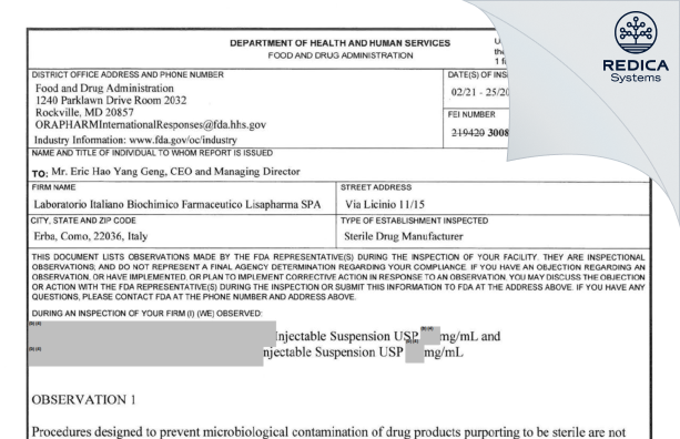 FDA 483 - Laboratorio Italiano Biochimico Farmaceutico Lisapharma SPA [Italy / Italy] - Download PDF - Redica Systems