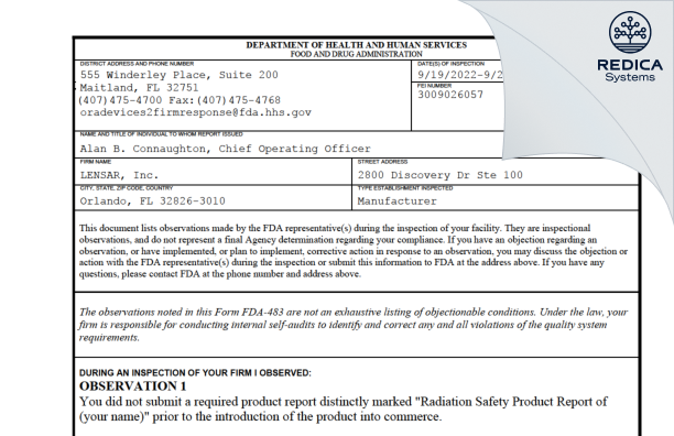 FDA 483 - LENSAR, Inc. [Orlando / United States of America] - Download PDF - Redica Systems
