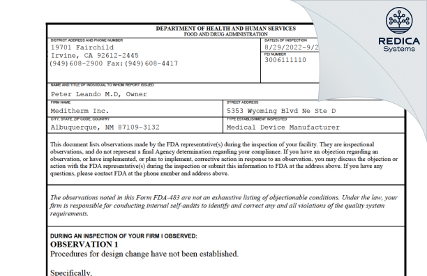 FDA 483 - Meditherm Inc. [Albuquerque / United States of America] - Download PDF - Redica Systems