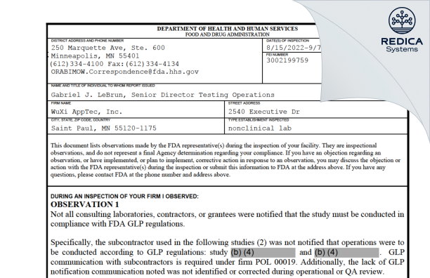 FDA 483 - WuXi AppTec Inc [St. Paul / United States of America] - Download PDF - Redica Systems