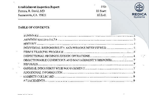 EIR - Ferrera, R. David, MD [Sacramento / United States of America] - Download PDF - Redica Systems