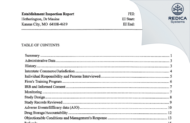 EIR - Hetherington, Dr Maxine [Kansas City / United States of America] - Download PDF - Redica Systems