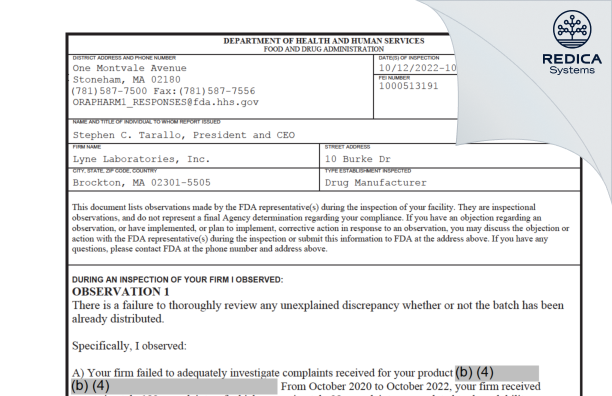 FDA 483 - Lyne Laboratories, Inc. [Brockton / United States of America] - Download PDF - Redica Systems