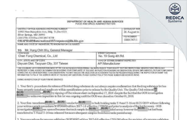 FDA 483 - Cheng Fong Chemical Co., Ltd. Dayuan Factory [Taoyuan City / Taiwan] - Download PDF - Redica Systems