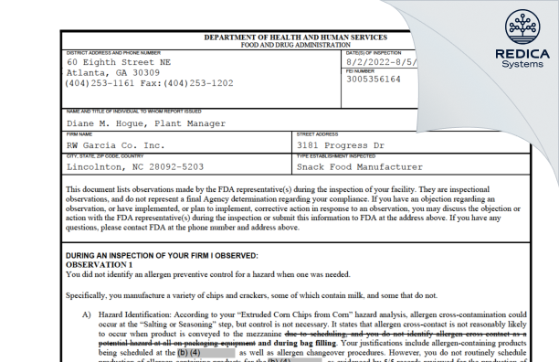 FDA 483 - RW Garcia Co. Inc. [Lincolnton / United States of America] - Download PDF - Redica Systems