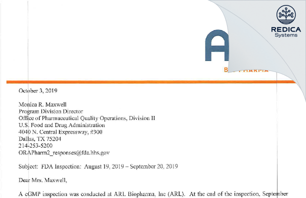 FDA 483 Response - ARL BioPharma, Inc. d.b.a. Analytical Research Laboratories [Oklahoma City / United States of America] - Download PDF - Redica Systems