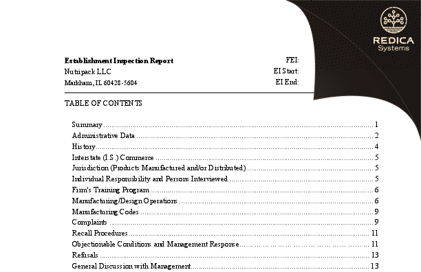 EIR - Nutripack LLC [Markham / United States of America] - Download PDF - Redica Systems