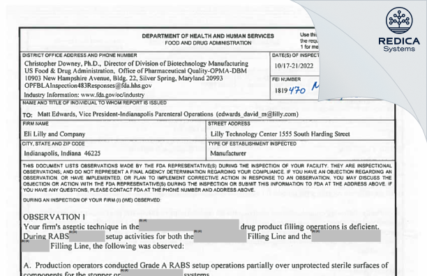 FDA 483 - Eli Lilly and Company [Indianapolis / United States of America] - Download PDF - Redica Systems