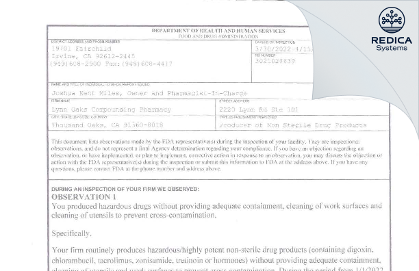 FDA 483 - Lynn Oaks Compounding Pharmacy [Thousand Oaks / United States of America] - Download PDF - Redica Systems