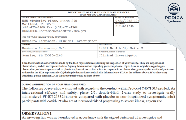 FDA 483 - Humberto Hernandez, M.D. [Sunrise / United States of America] - Download PDF - Redica Systems