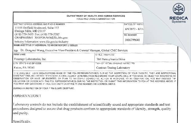 FDA 483 - Frontage Laboratories, Inc. [Exton Pennsylvania / United States of America] - Download PDF - Redica Systems