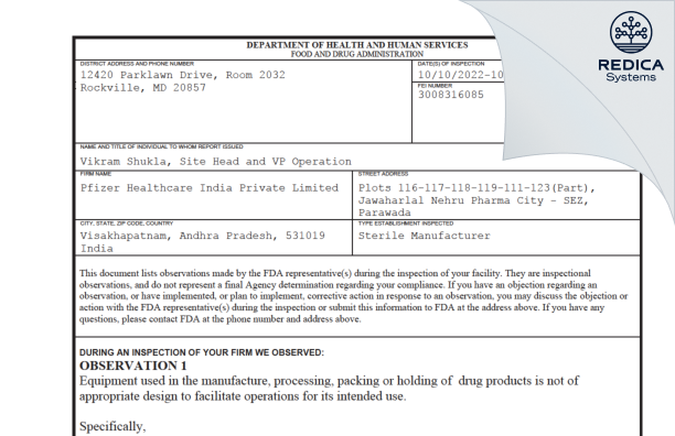FDA 483 - Pfizer Healthcare India Private Limited [India / India] - Download PDF - Redica Systems