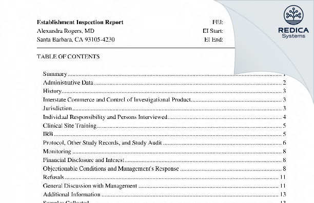EIR - Alexandra Rogers, MD [Santa Barbara / United States of America] - Download PDF - Redica Systems