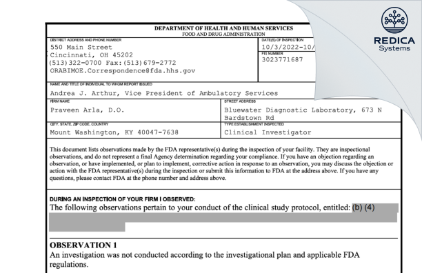 FDA 483 - Praveen Arla, D.O. [Mount Washington / United States of America] - Download PDF - Redica Systems