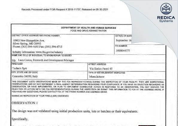 FDA 483 - Technix SPA [Grassobbio / Italy] - Download PDF - Redica Systems