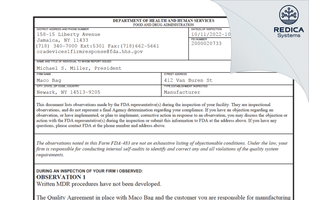 FDA 483 - Maco Bag [Newark / United States of America] - Download PDF - Redica Systems