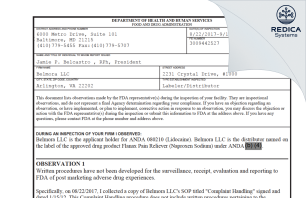 FDA 483 - Belmora LLC [Arlington / United States of America] - Download PDF - Redica Systems