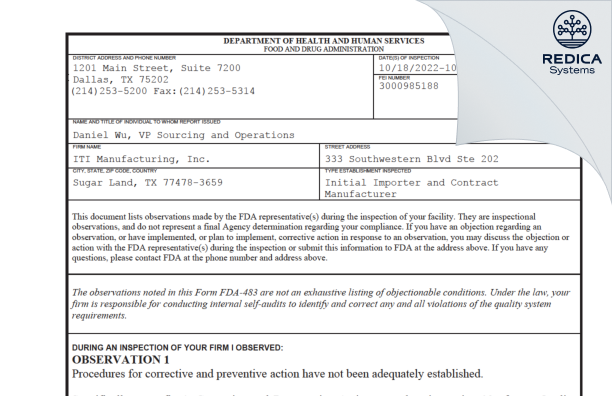 FDA 483 - ITI Manufacturing, Inc. [Sugar Land / United States of America] - Download PDF - Redica Systems