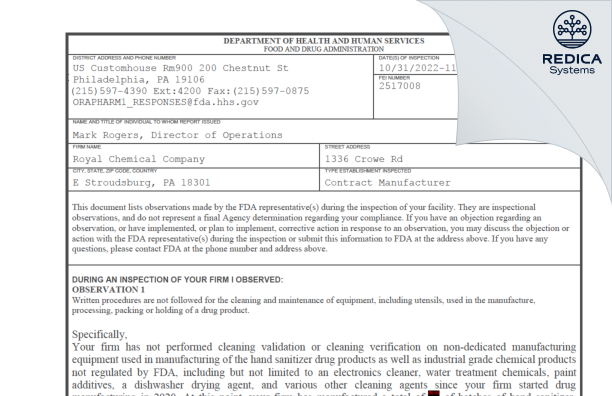FDA 483 - Royal Chemical Company, Ltd. [East Stroudsburg Pennsylvania / United States of America] - Download PDF - Redica Systems