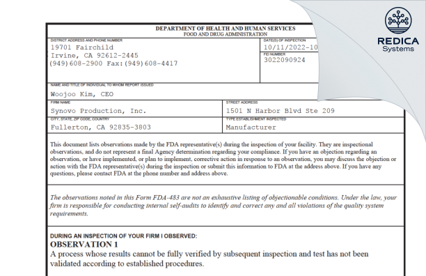 FDA 483 - Synovo Production, Inc. [Fullerton / United States of America] - Download PDF - Redica Systems