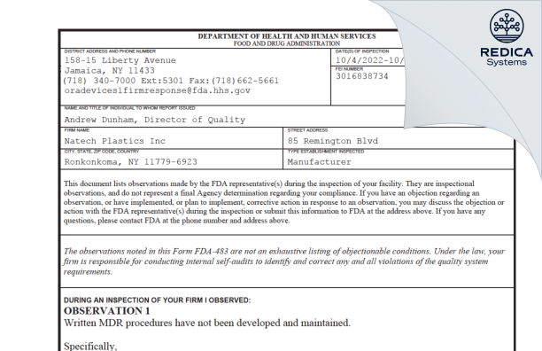 FDA 483 - Natech Plastics Inc [Ronkonkoma / United States of America] - Download PDF - Redica Systems