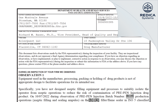 FDA 483 - AllerQuest LLC [Plainville Connecticut / United States of America] - Download PDF - Redica Systems