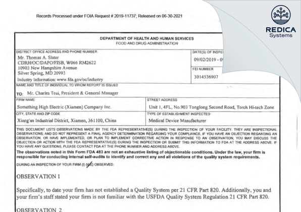 FDA 483 - Something High Electric (Xiamen) Company Inc. [Xiamen / China] - Download PDF - Redica Systems