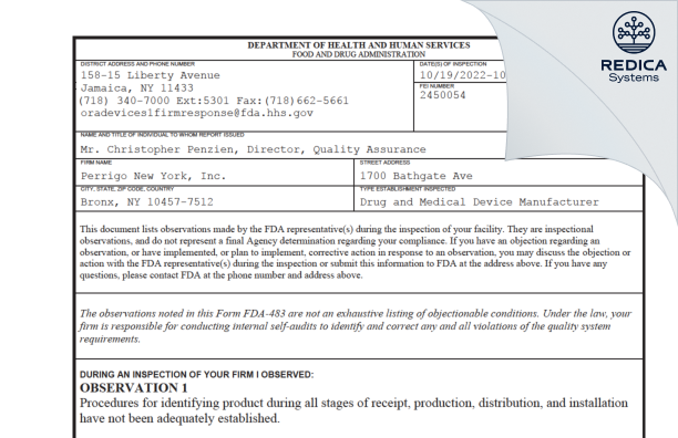 FDA 483 - Perrigo New York, Inc. [New York / United States of America] - Download PDF - Redica Systems