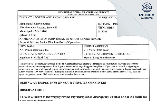 FDA 483 - ANI Pharmaceuticals, Inc. [Baudette / United States of America] - Download PDF - Redica Systems