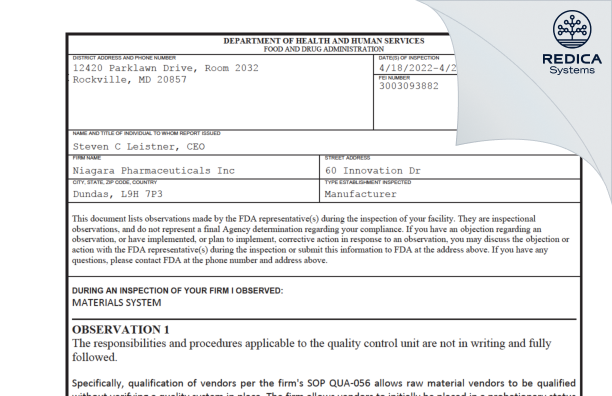 FDA 483 - Niagara Pharmaceuticals, Inc [Dundas / Canada] - Download PDF - Redica Systems