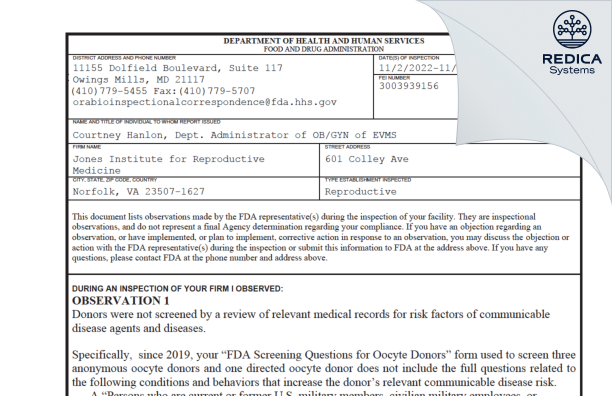 FDA 483 - Jones Institute for Reproductive Medicine [Norfolk / United States of America] - Download PDF - Redica Systems