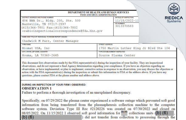 FDA 483 - Biomat USA, Inc [Houma / United States of America] - Download PDF - Redica Systems