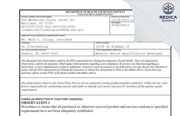 FDA 483 - KL Distributing [Hudson / United States of America] - Download PDF - Redica Systems